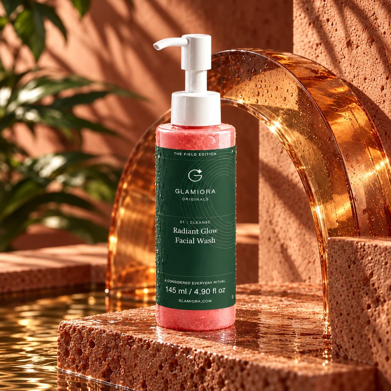 Radiant Glow Facial Wash — AI-assisted editorial scene 1; illustrative product presentation; styling props not included