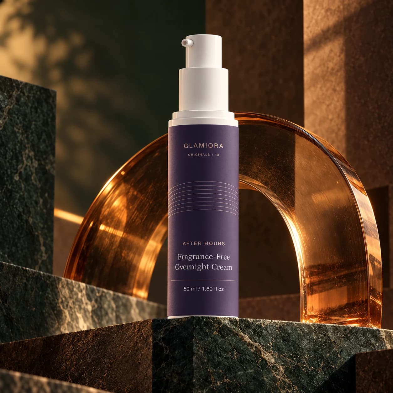 After Hours — Fragrance-Free Overnight Cream — AI-assisted editorial scene 1; illustrative product presentation; styling props not included