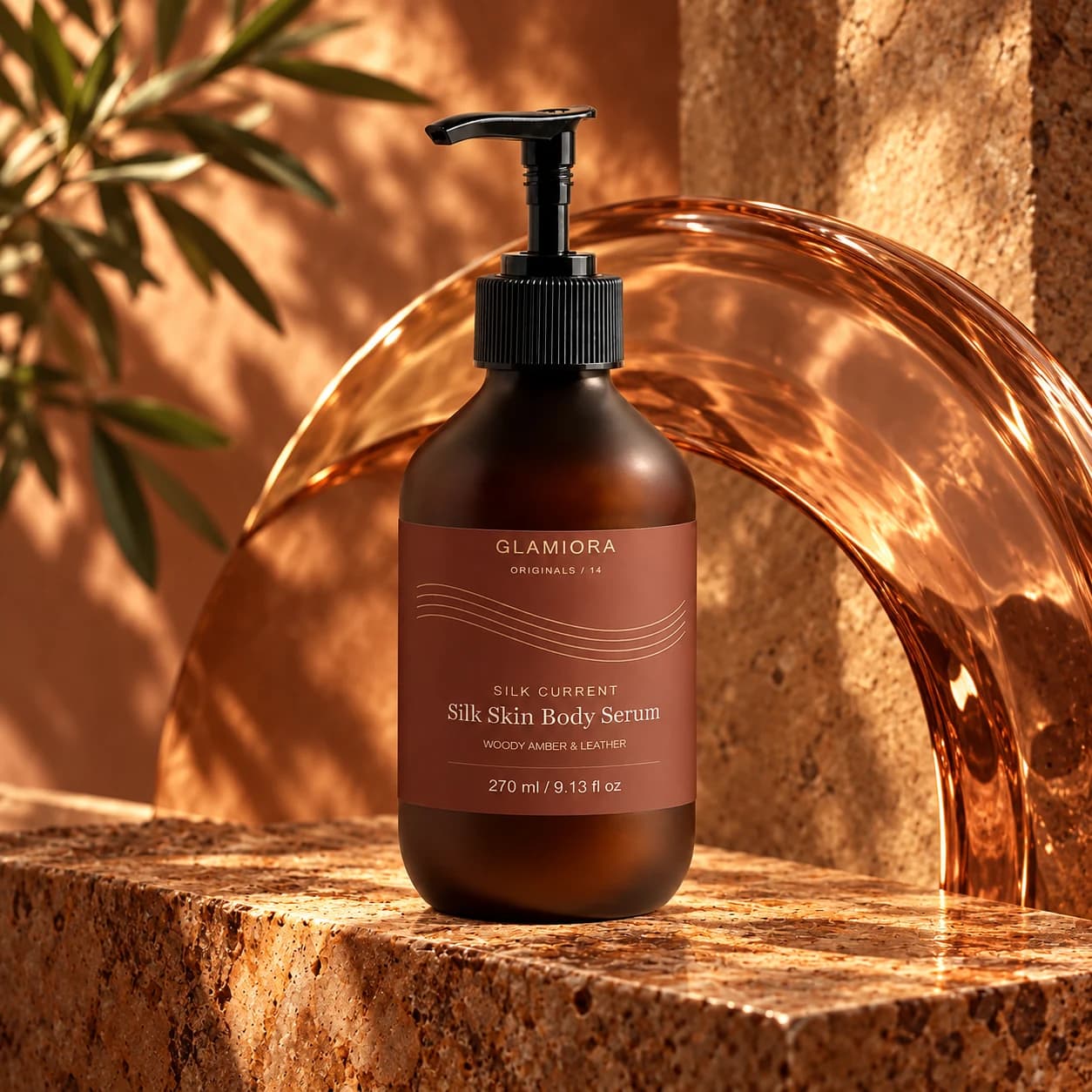 Silk Current — Body Serum — AI-assisted editorial scene 1; illustrative product presentation; styling props not included